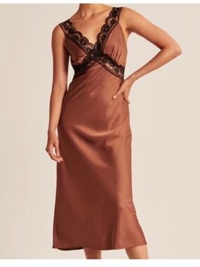 Abercrombie & Fitch Satin Lace-Trim Slip Dress in Bronze and Black